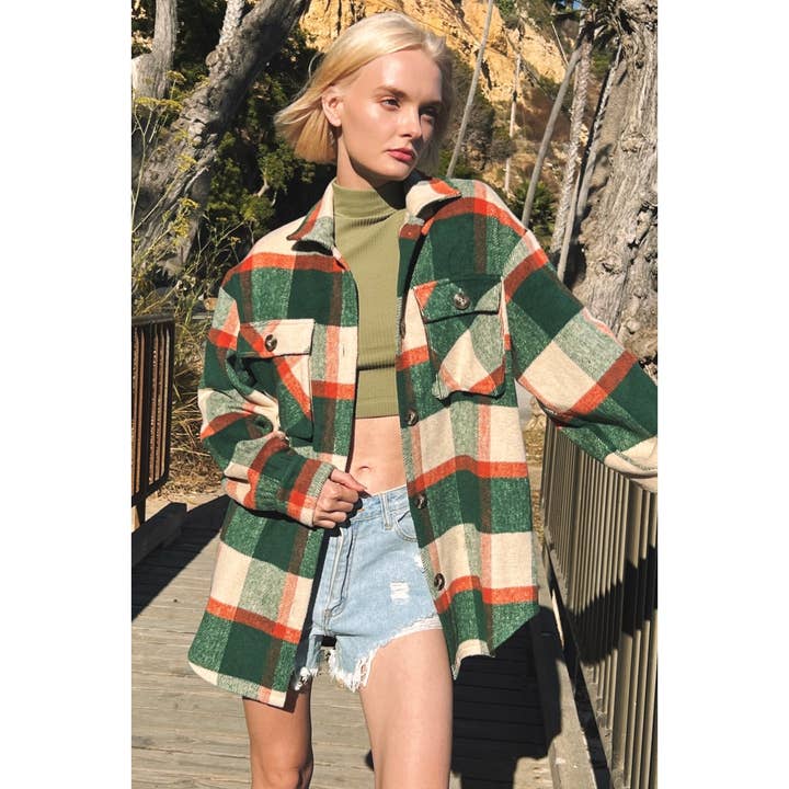 GREEN COMBO PLAID SHACKET WITH POCKETS for wholesale on Faire