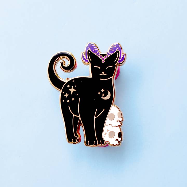 Glitter Punk - Wholesale Lapel Pin/Button - Halloween Horned Cat Enamel Pin; Gothic black cat with spook