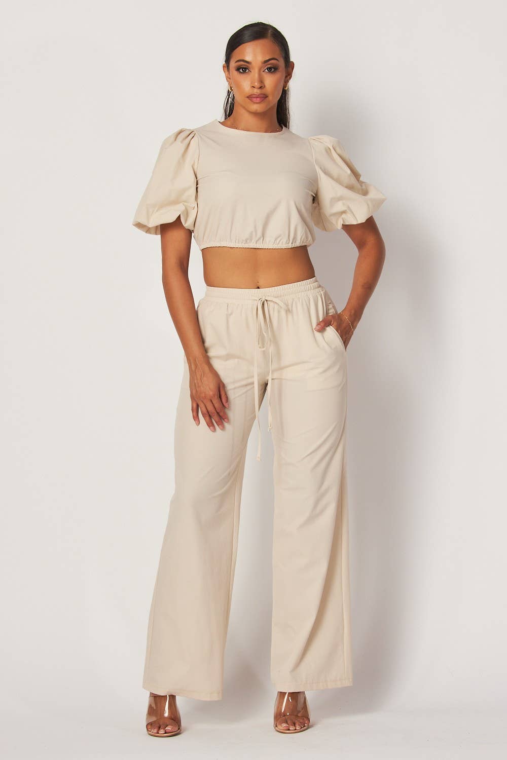 Hot & Delicious – wholesale Top & pants set (NOT Loungewear) – Women's – Tori Bubble Sleeve Crop Top & Pants Set (HDC32475)1