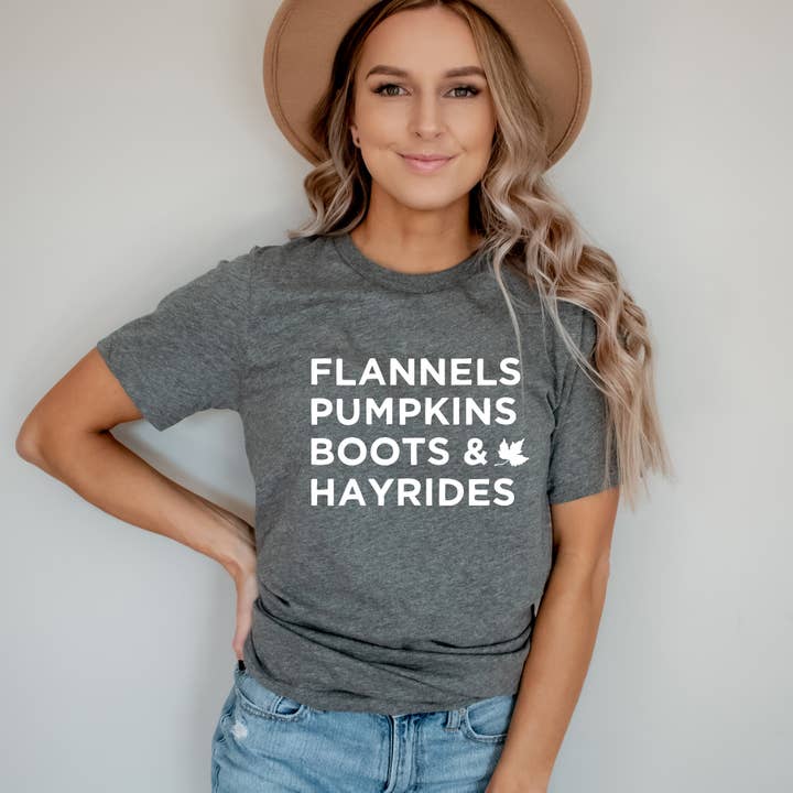 Zoe Creative Co - Vendita all'ingrosso Maglietta serigrafata - Donna - Flannels Pumpkins Boots Hayrides T-Shirt Autunno Camicia Ottobre15