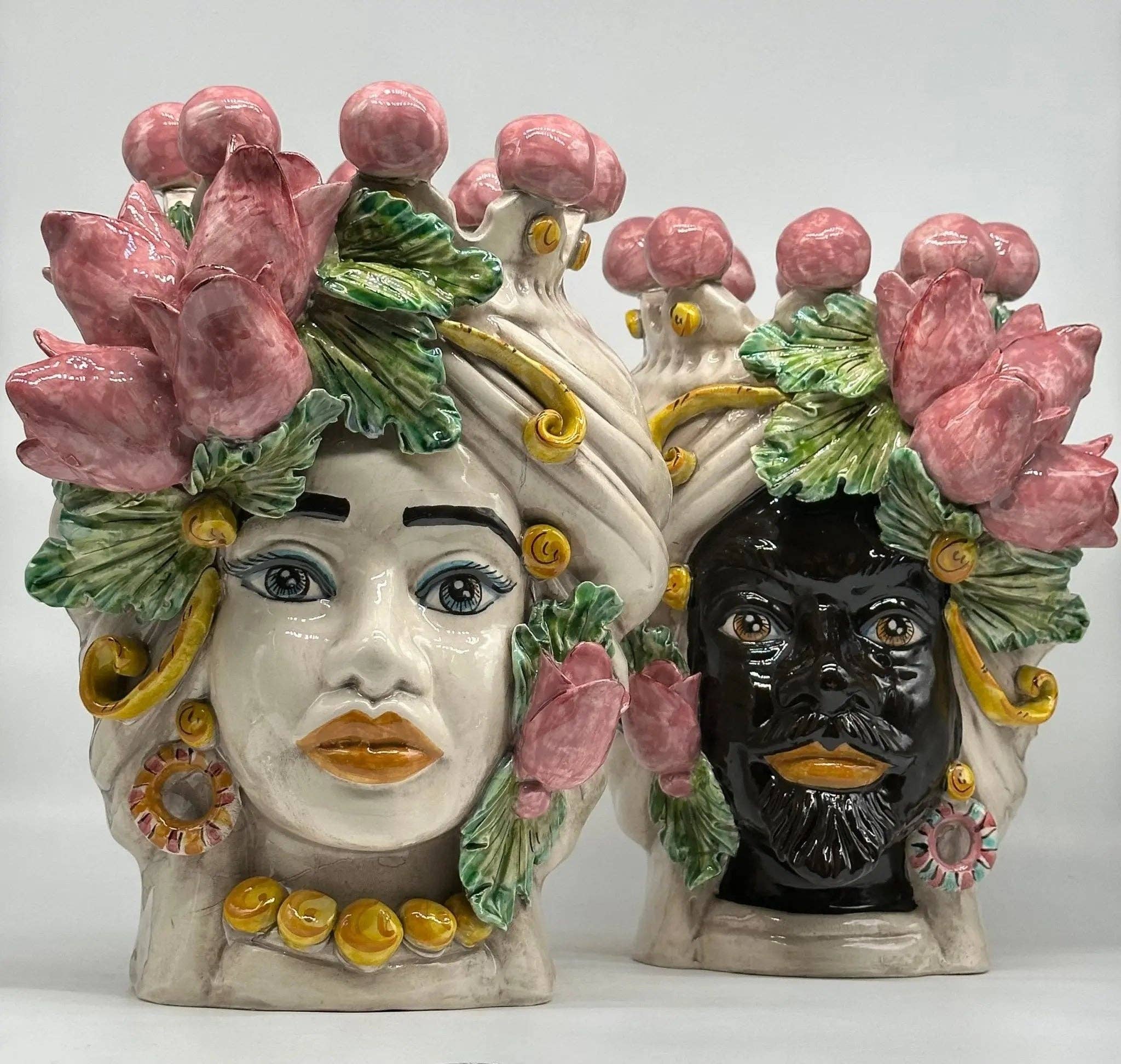 DD Ceramiche Siciliane - Wholesale Decorative Figurine - Teste di Moro Tulips Rosa Ceramica Caltagirone cm H.30 L.23 Handcrafted3