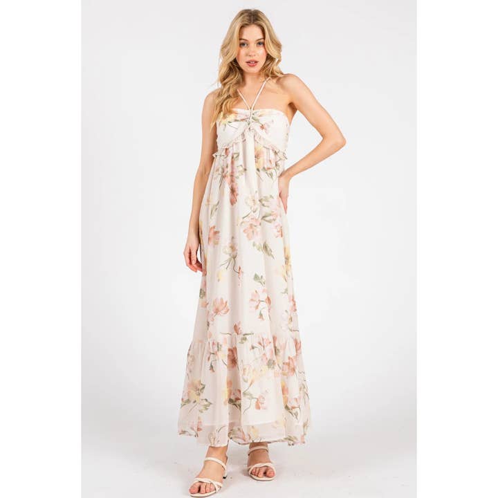 CREAM HALTER NECK TIE TIERED MAXI CHIFFON DRESS for wholesale on Faire