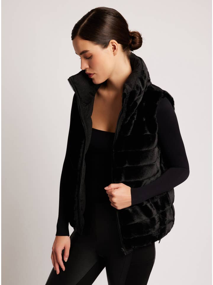 Dark Charcoal Black Adventurer Reversible Faux Fur Puffer Vest for wholesale on Faire