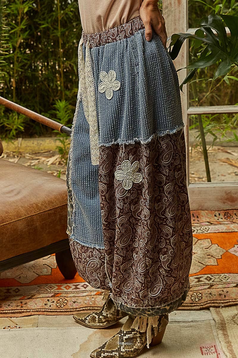 Pol Clothing - Wholesale Pants - Women's - Crochet patch detail contrast patchwork printed woven pants41