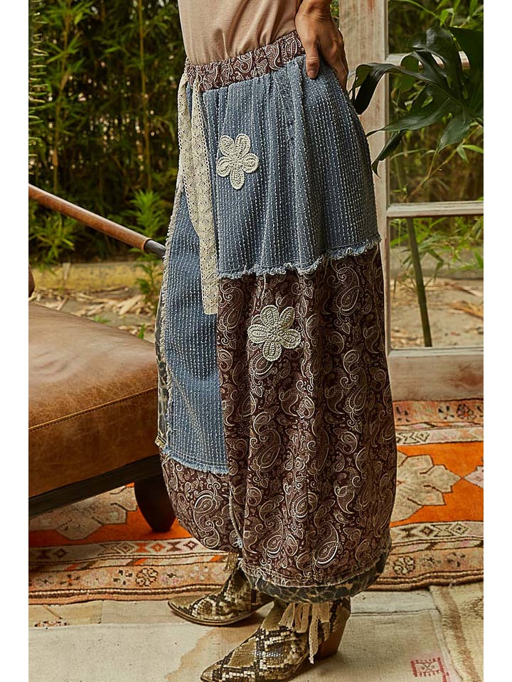 Pol Clothing - Wholesale Pants - Women's - Crochet patch detail contrast patchwork printed woven pants41