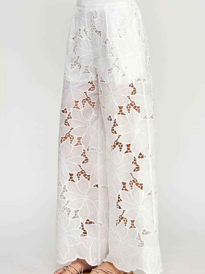 Ellison - Wholesale Pants - Women's - TP-10274-6 FLORAL LACE WIDE-LEG PANTS OFF WHITE