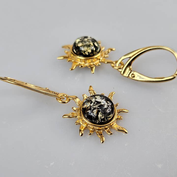 AmberLithuania - Vendita all'ingrosso Orecchini pendenti - Orecchini a forma di sole in oro e argento con pendente a filo, a forma di sole
