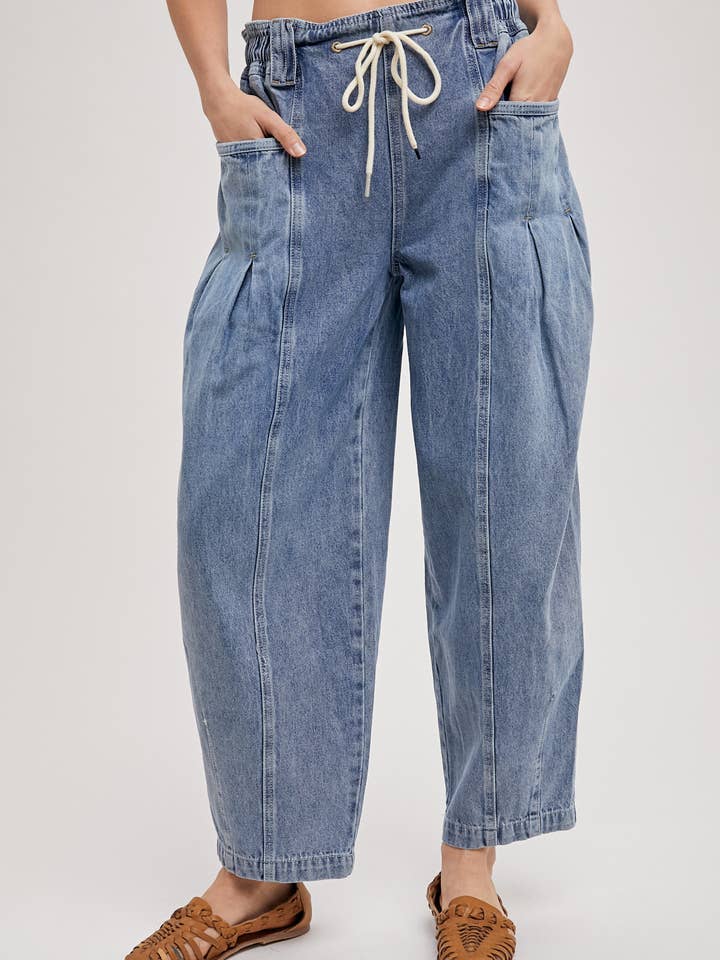 Bluivy - Wholesale Jeans - Women's - DENIM BARREL LOW-RISE CORDE DRAWSTRING PULL-ON JEANS1