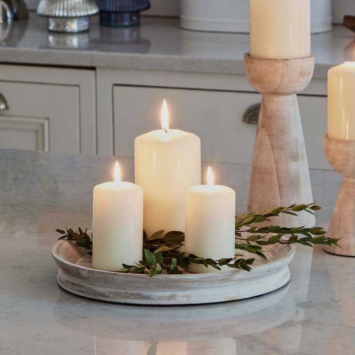 Ivyline Padstow White Wash Wooden Candle Tray D28cm for wholesale by Ivyline