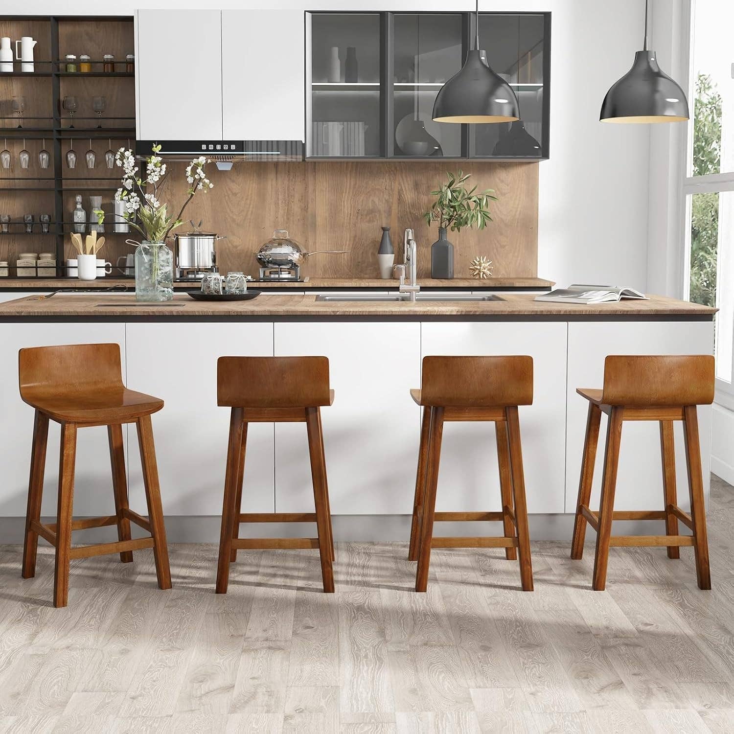24.5 Inch Counter Height Farmhouse Wooden Bar Stool Set Of 2 With Brown Footrest And Low Back for wholesale on Faire8