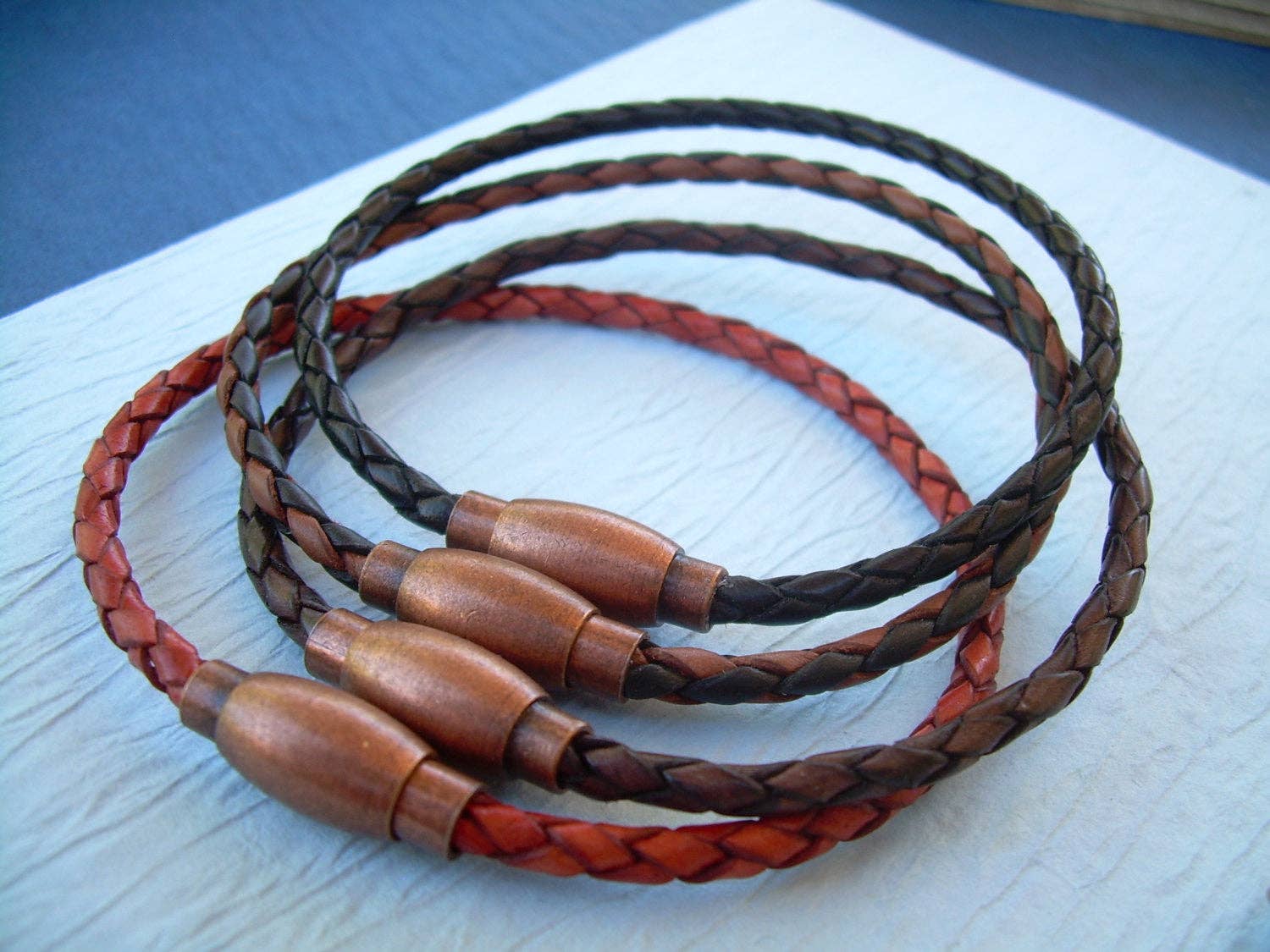 Urban Survival Gear USA - Wholesale Jewelry - Men's - Thin Braided Leather Bracelet with Copper toned Brass Magnetic Clasp Mens Jewelry Mens Bracelets Leather Bracelet Boyfriends Gift Mens2