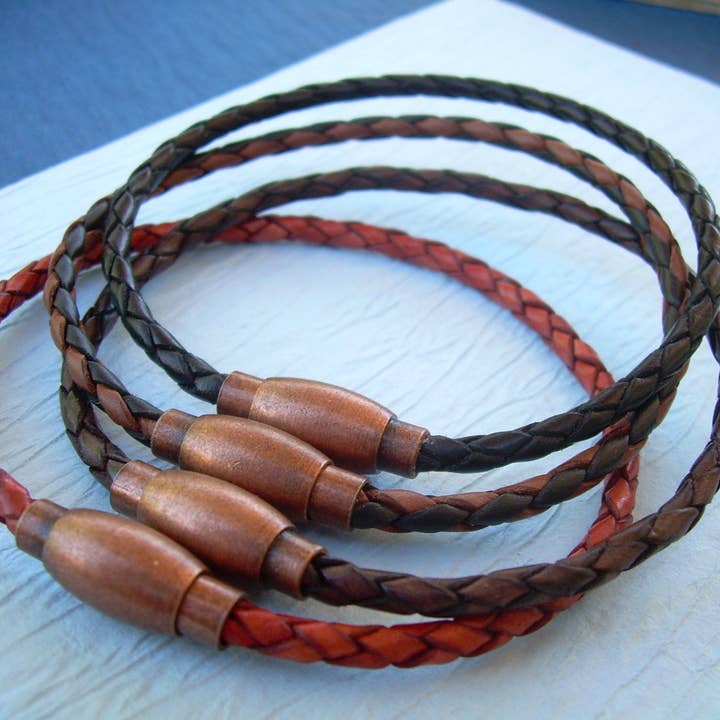 Urban Survival Gear USA - Wholesale Jewelry - Men's - Thin Braided Leather Bracelet with Copper toned Brass Magnetic Clasp Mens Jewelry Mens Bracelets Leather Bracelet Boyfriends Gift Mens2
