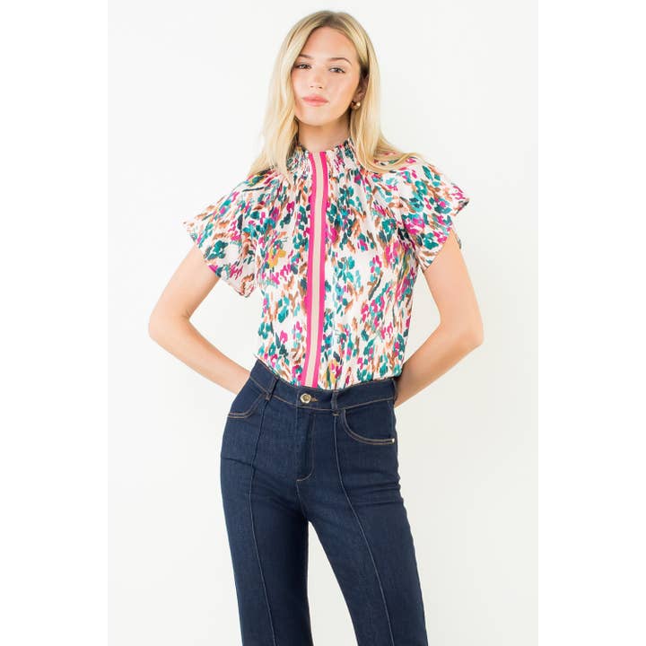 Haut imprimé à col smocké et détails rayés pour la vente par THML