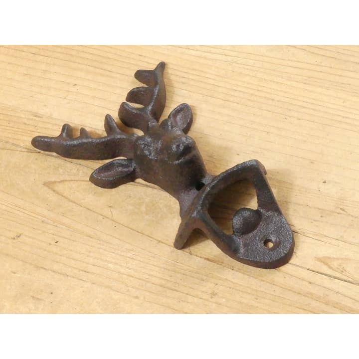 CAST IRON DEER BOTTLE OPENER READS "OPEN HERE" for wholesale by Midwest Craft House