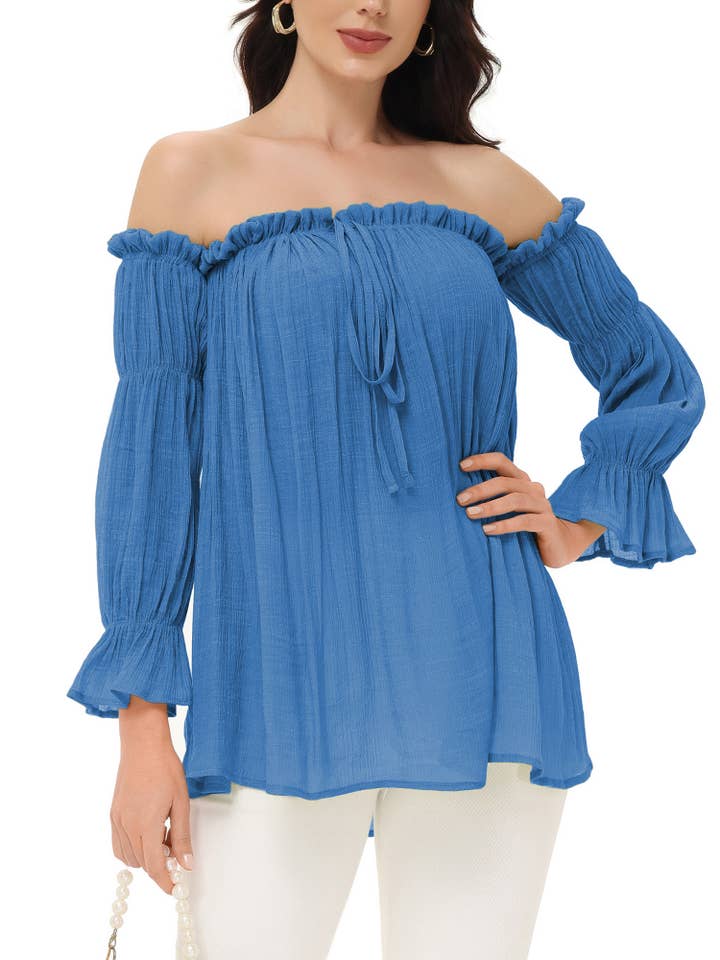 Anna Kaci Wholesale - Wholesale Blouse - Women's - Semi Sheer Boho Peasant Off the Shoulder Top70