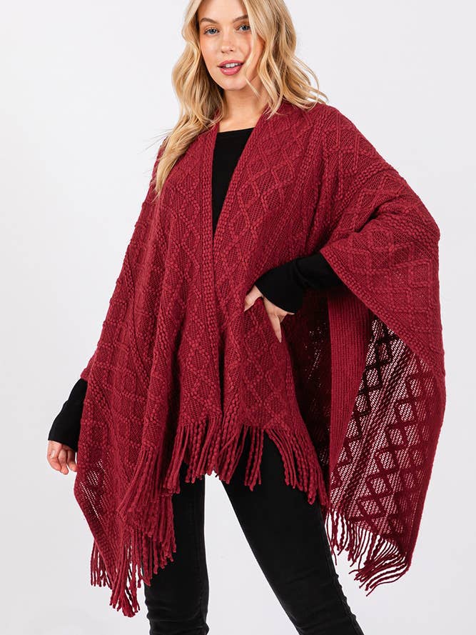Hana – wholesale Cardigan – Women’s – Diamond Pattern Tassel Knit Ruana Winter Cardigan23
