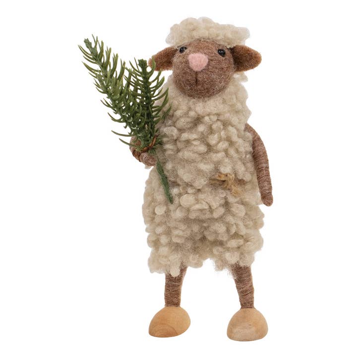 Sheep with Sprig Felted Ornament for wholesale by CWI Gifts
