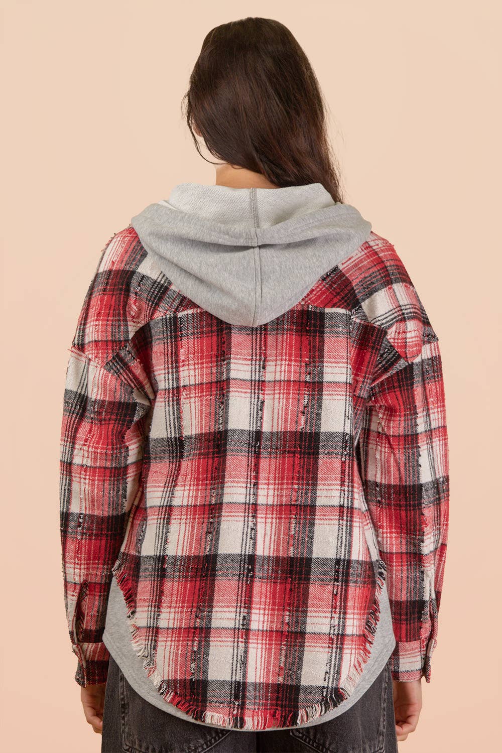 VERY J - Wholesale Jacket - Women's - NT12253-Oversized Flannel Hooded Button Down Jacket9