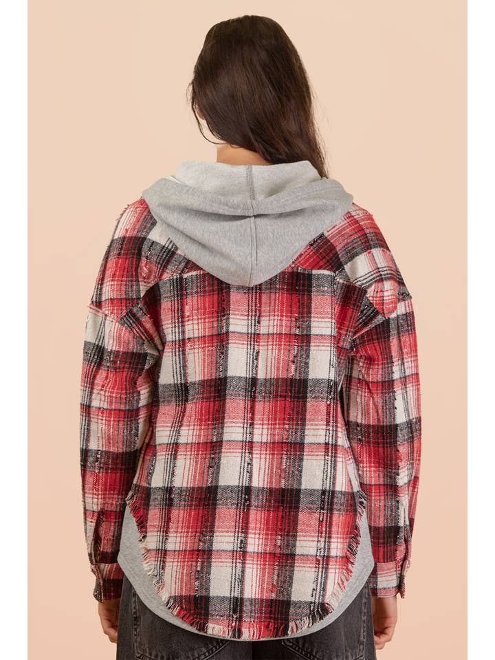 VERY J - Wholesale Jacket - Women's - NT12253-Oversized Flannel Hooded Button Down Jacket9