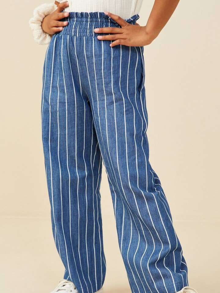 Girls Smocked Waist Pinstripe Wideleg Chambray Pants for wholesale by Hayden LA