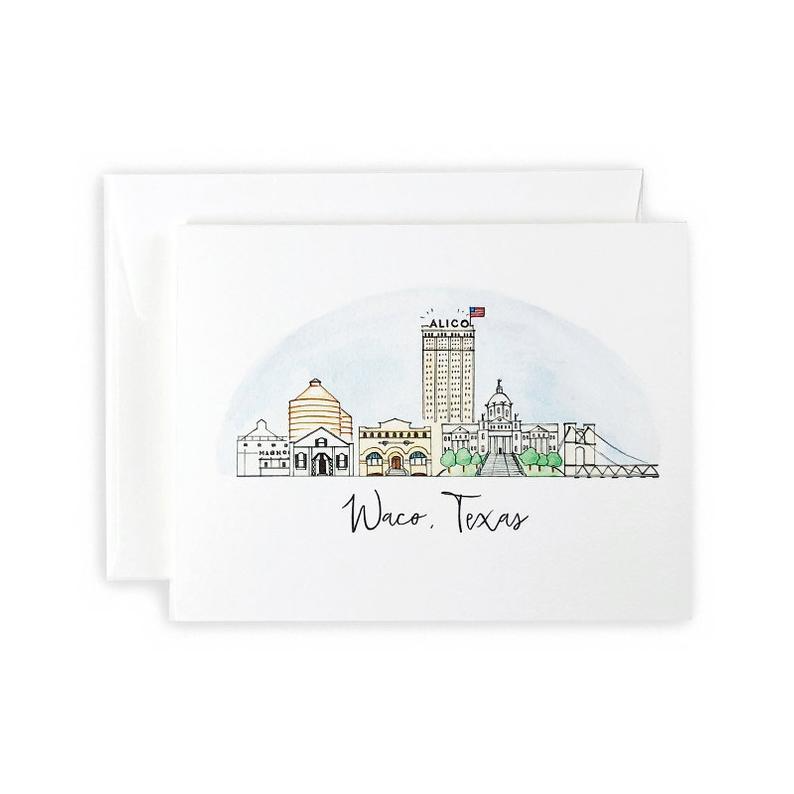 Aquarelle Ensemble de cartes de vœux ou de cartes de notes Waco, Texas Skyline en vente sur Faire0