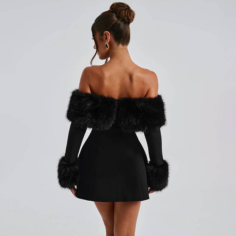 Black Off-Shoulder Fur Trim Long Sleeve Slim A-Line Dress for wholesale on Faire3