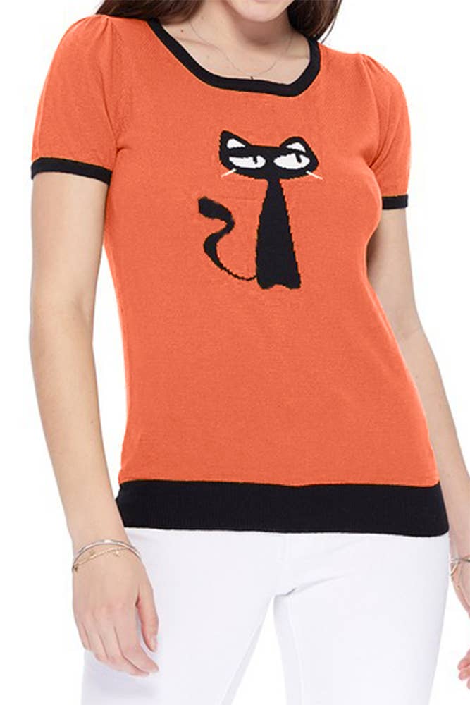 Mak - Wholesale Knit Sweater - Women's - Short Sleeve Crewneck Cat Print Casual T-Shirt Sweater19