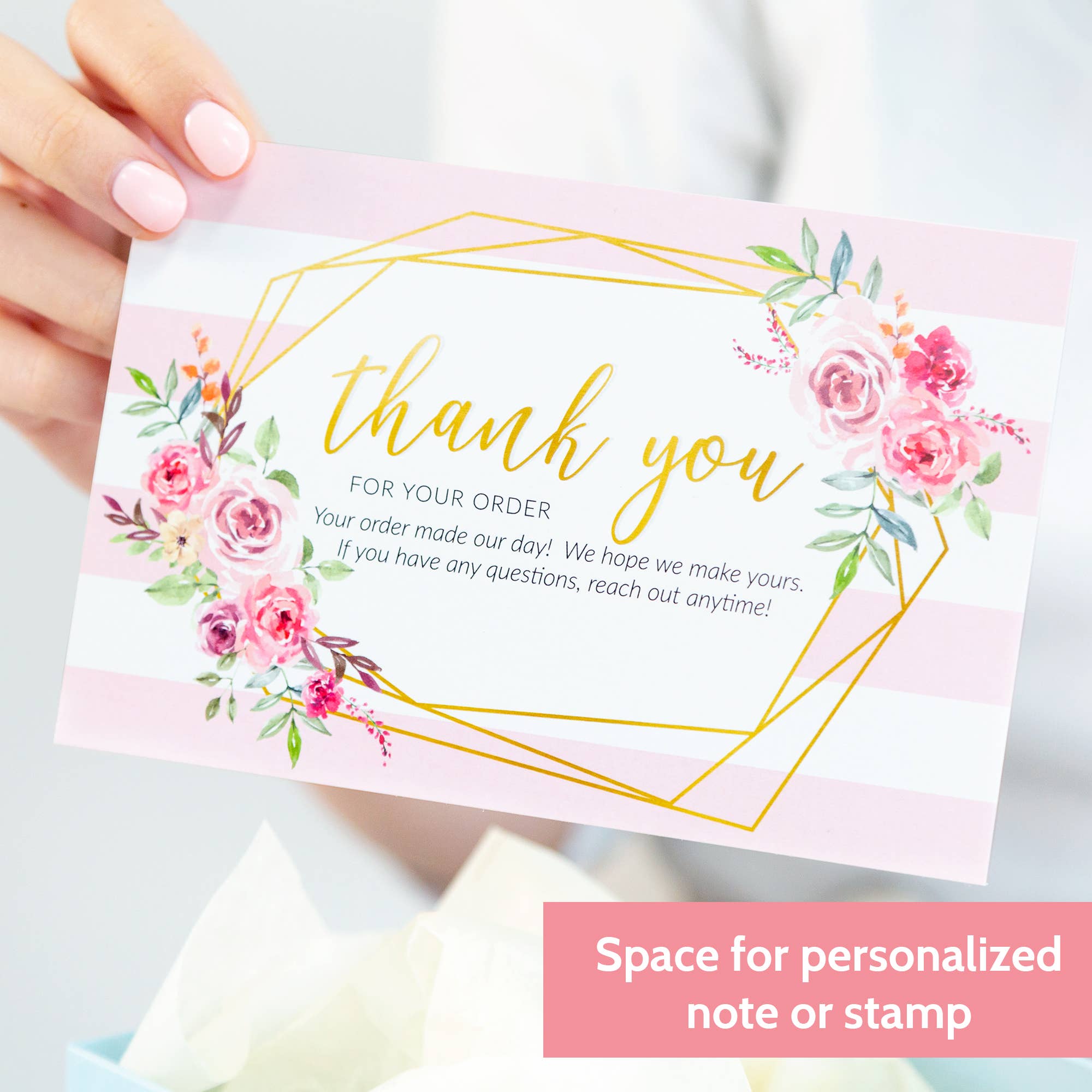 T Marie - Wholesale Thank You Card - 50 4x6" Thank You For Your Order Cards - Faux Gold and Pink4