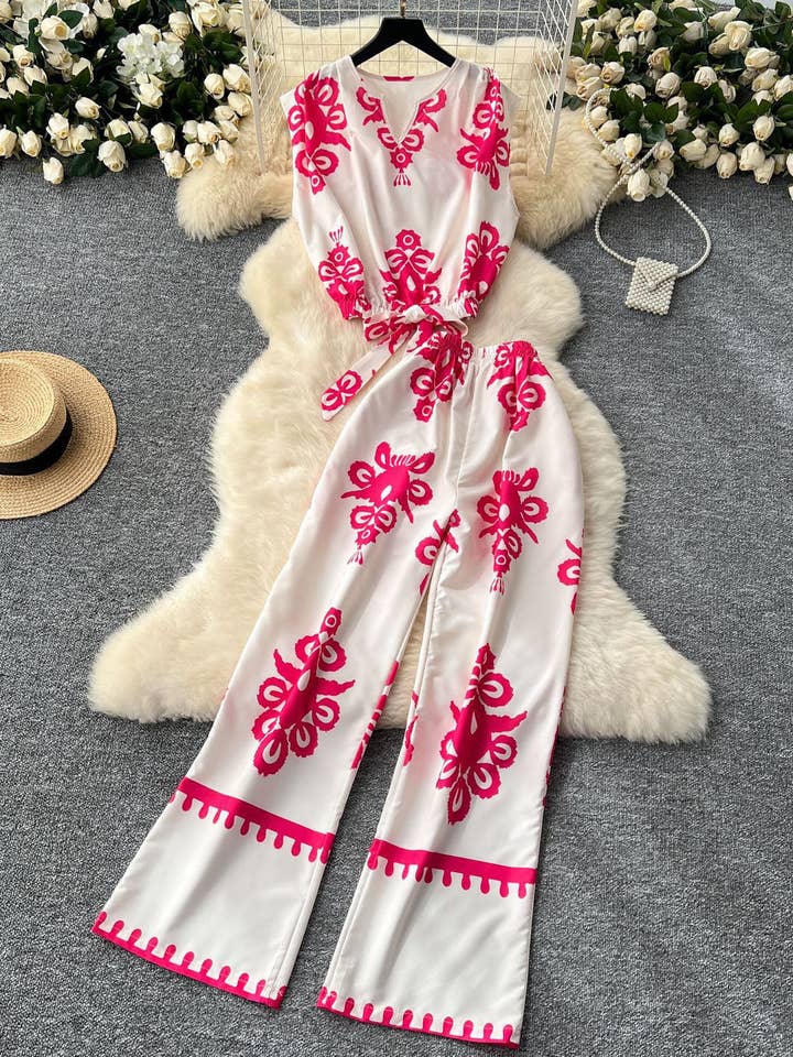 Graphic Sleeveless Top and Wide-Leg Pants Set for wholesale by AZSHOP Trading LLC