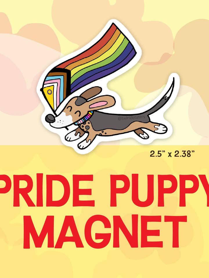 Puppy with Pride Flag Decorative Magnet for wholesale by Designs by Diana - twinkletaters