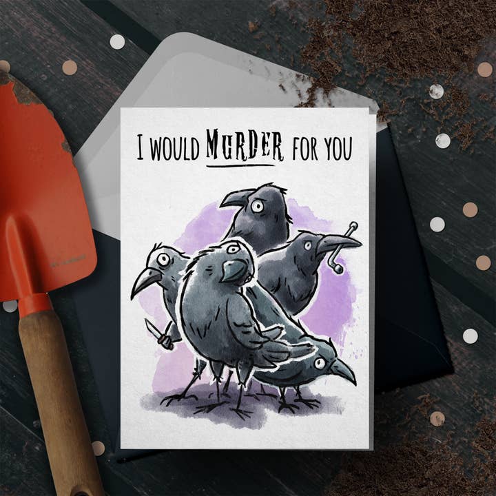 „Murder for You“ Dark Funny Crow Love Hochzeitskarte zum Valentinstag für den Großhandel von Aaron Millard Illustration