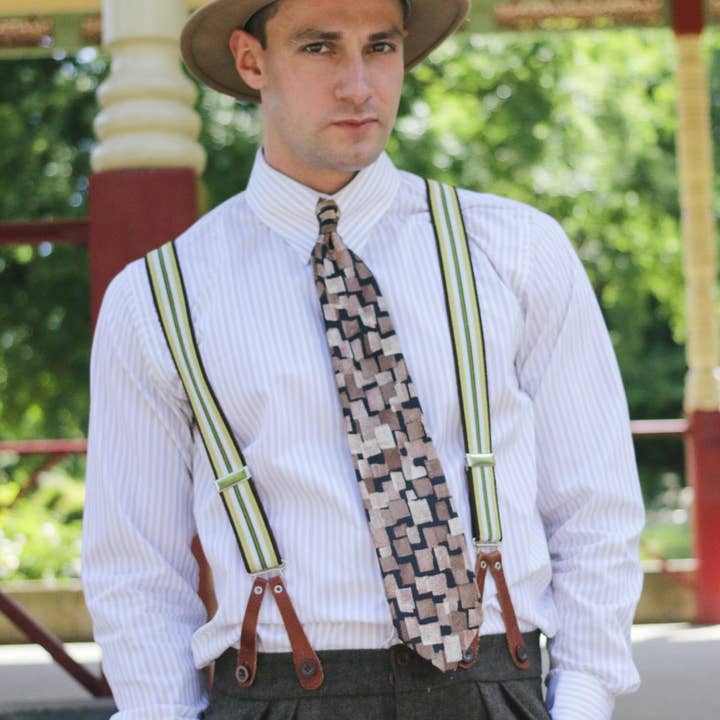 Revival Vintage Ltd – wholesale Suspenders – Unisex – Woven Khaki Green Trouser Braces - Tan Leather Loops
