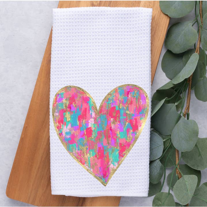 Colorful Paint Stroke Heart Valentine Kitchen Dish Towel for wholesale by Painted Skies