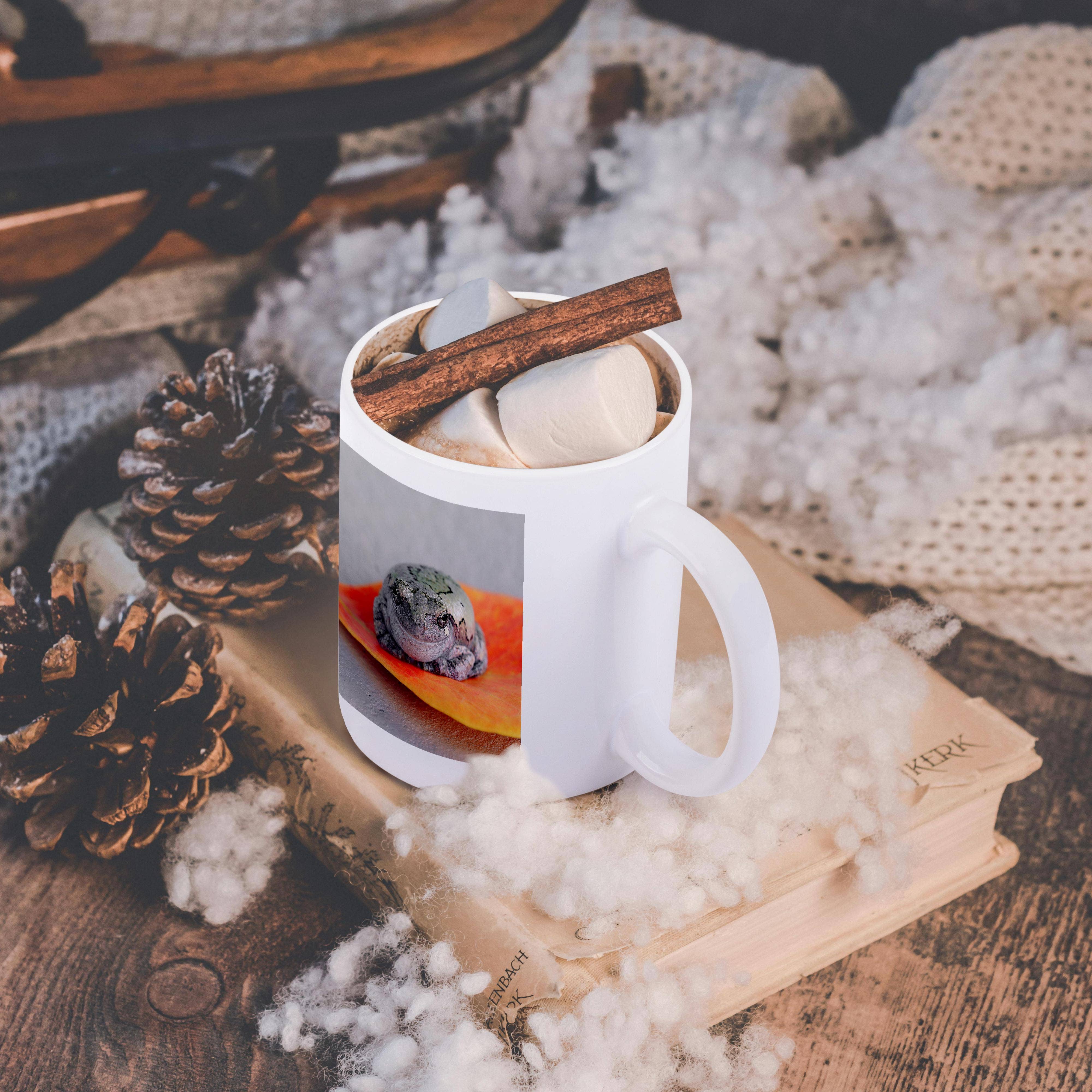 3dRose - Wholesale Coffee Mug - 3dRose, A macro photograph of a gray treefrog on an orange leaf., Mug11