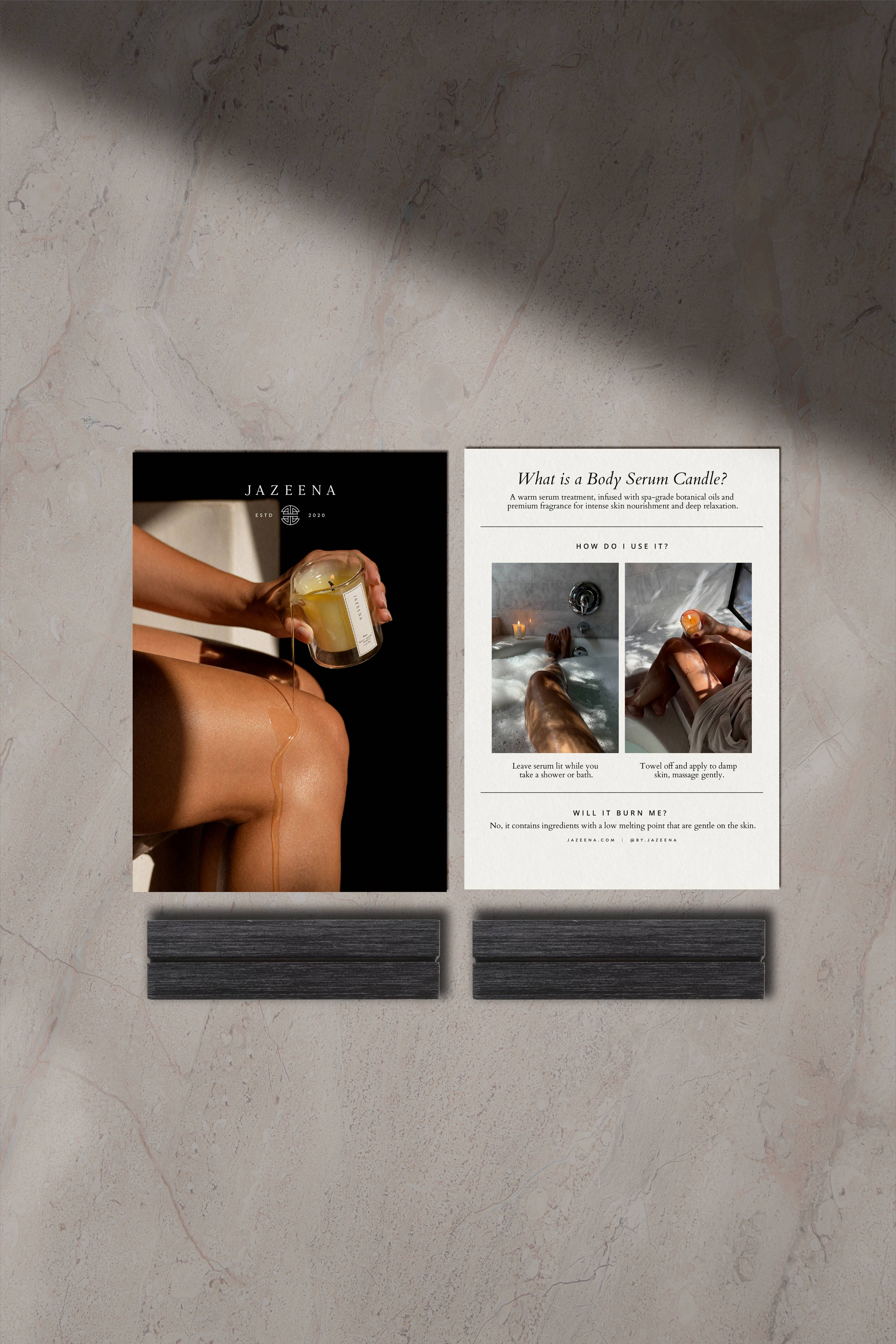 Jazeena - Wholesale Postcard - Display Shelf Talker | Body Serum Candle | 4-pc Set, 5"x7"