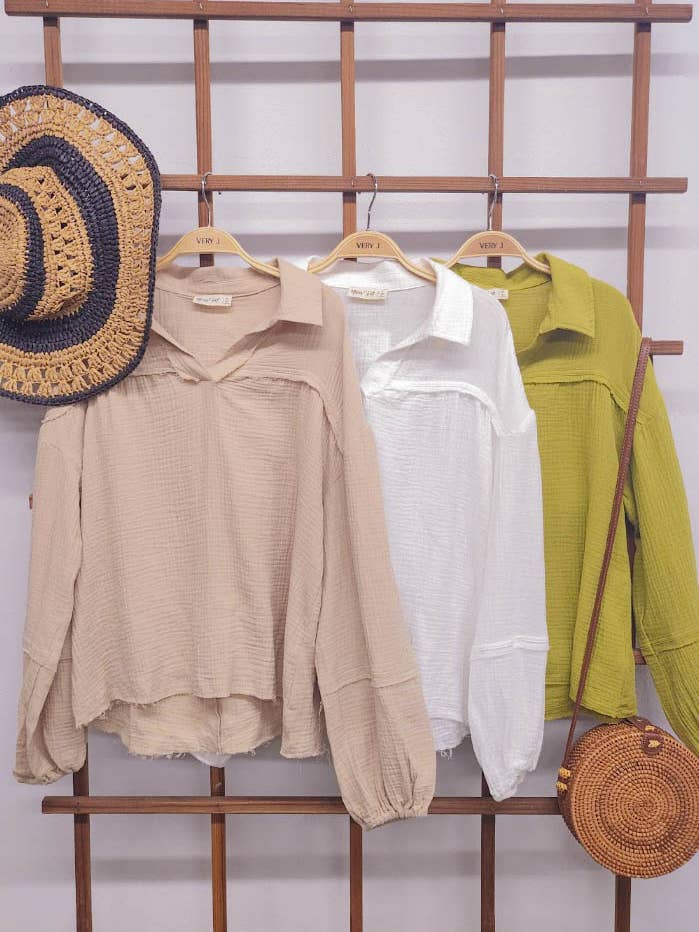 VERY J - Wholesale Blouse - Women's - NT11416-Oversized Cotton Gauze Woven Shirt Top