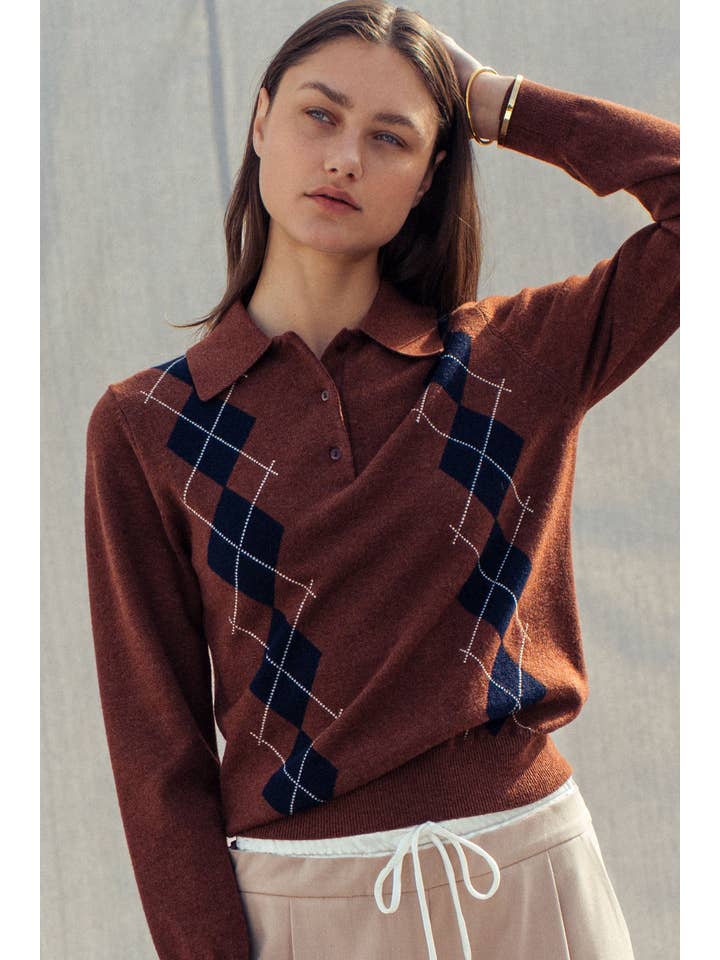 Urban Daizy - Vente Pull en maille – femme - Pull Polo Tricoté à Motif Argyle Classique4