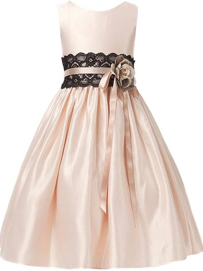 Champagne Silver Girls Satin Dress with Black Lace on Waist for wholesale by iGirlDress