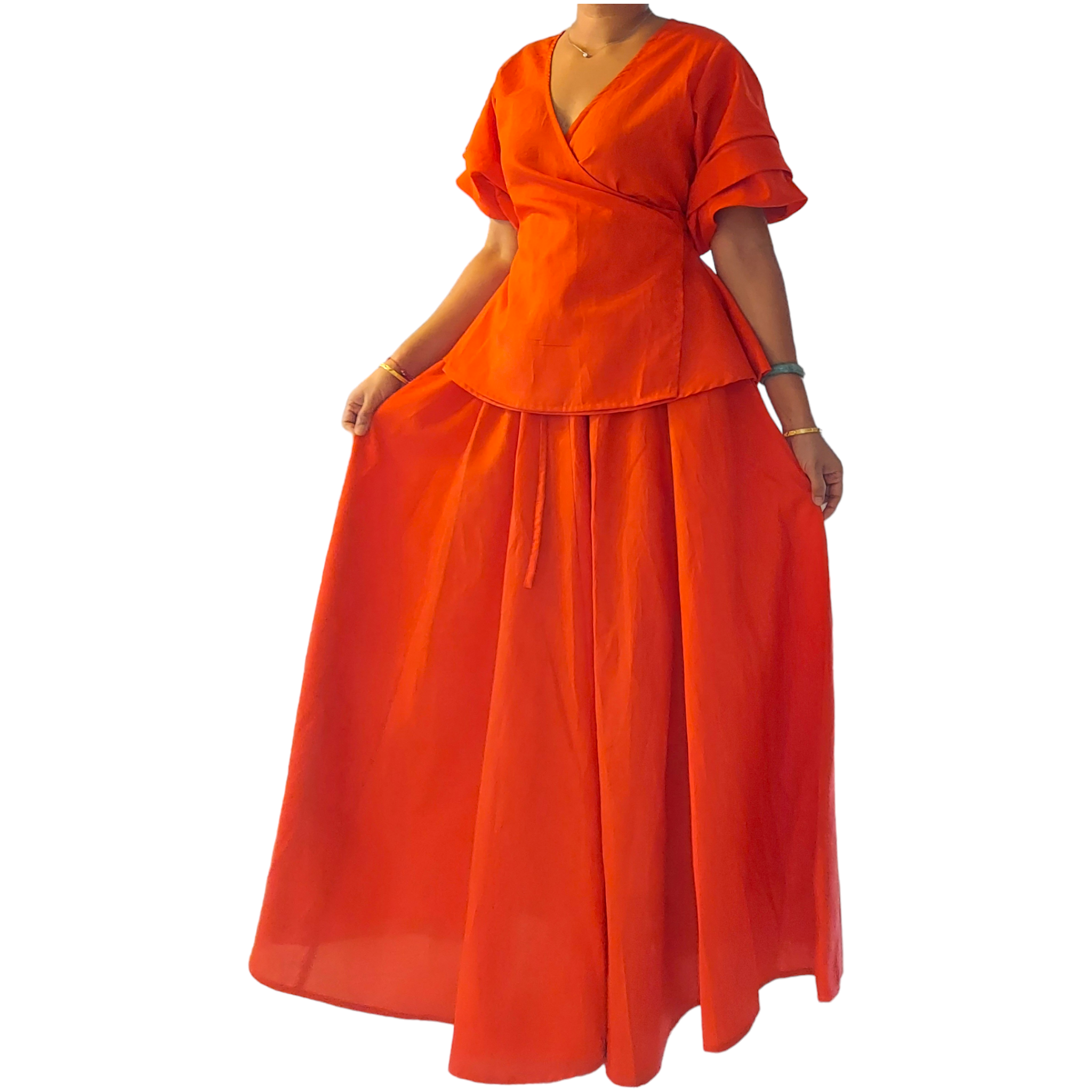 25034 Faux Silk Long Skirt & Wrap Blouse Set - Red for wholesale on Faire2