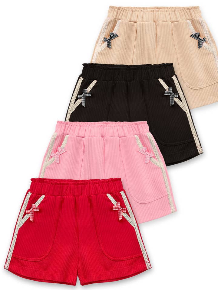 GKS-Q26-38283A Girls Knit Ribbed Bow & Crochet Trim Shorts for wholesale by Cutie Patootie Clothing