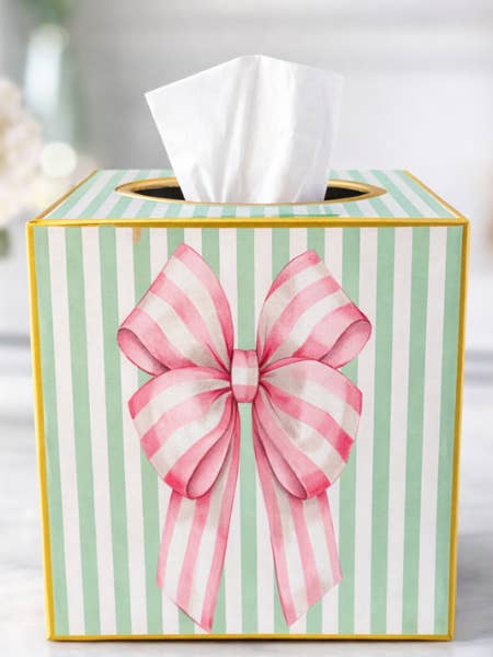 Kleenex Box. Pink Bow with green stripes for wholesale by TOPICS IN THE TROPICS