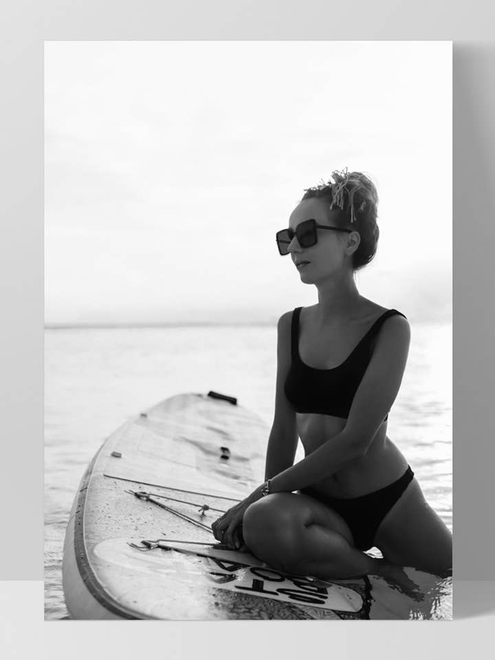 Black White Woman Posing Surfboard Art Print Surfer Girl for wholesale by PRINT AND PROPER