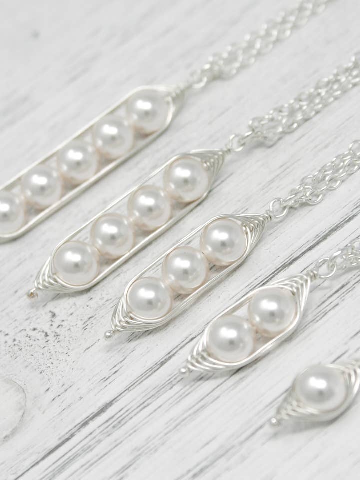 Pea pod necklace, White, handmade jewelry Mother’s Day gift for wholesale by Rising Jewelry