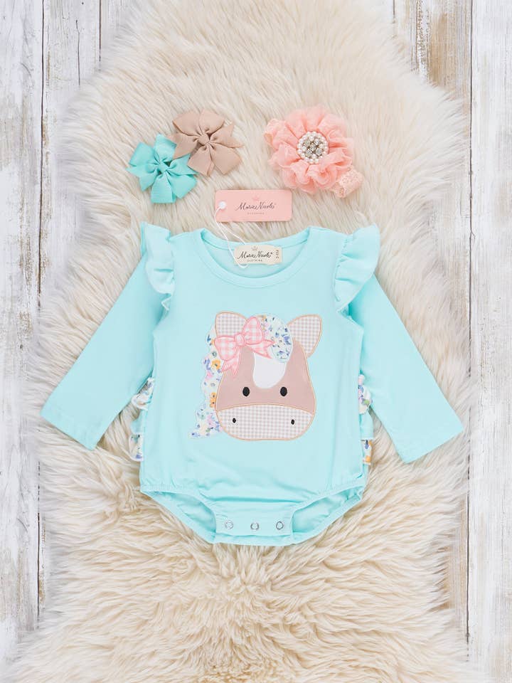 Palomino Dreams Embroidered Ruffle Onesie for wholesale by Marie Nicole Clothing