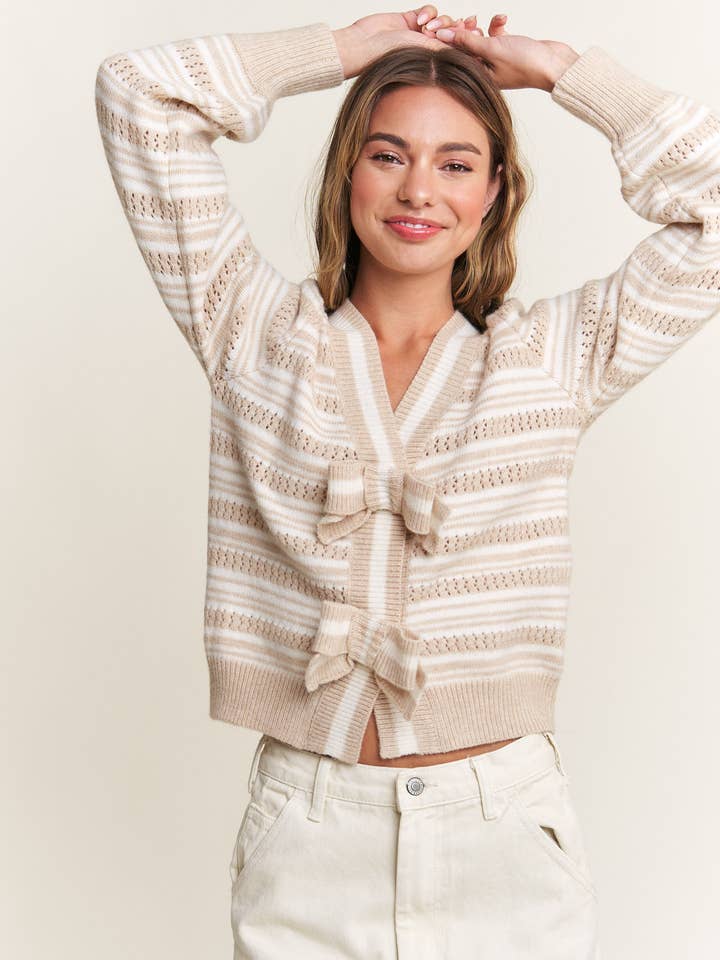 In the Beginning - Wholesale Cardigan - Women's - Beige Stripe Knit Cardigan