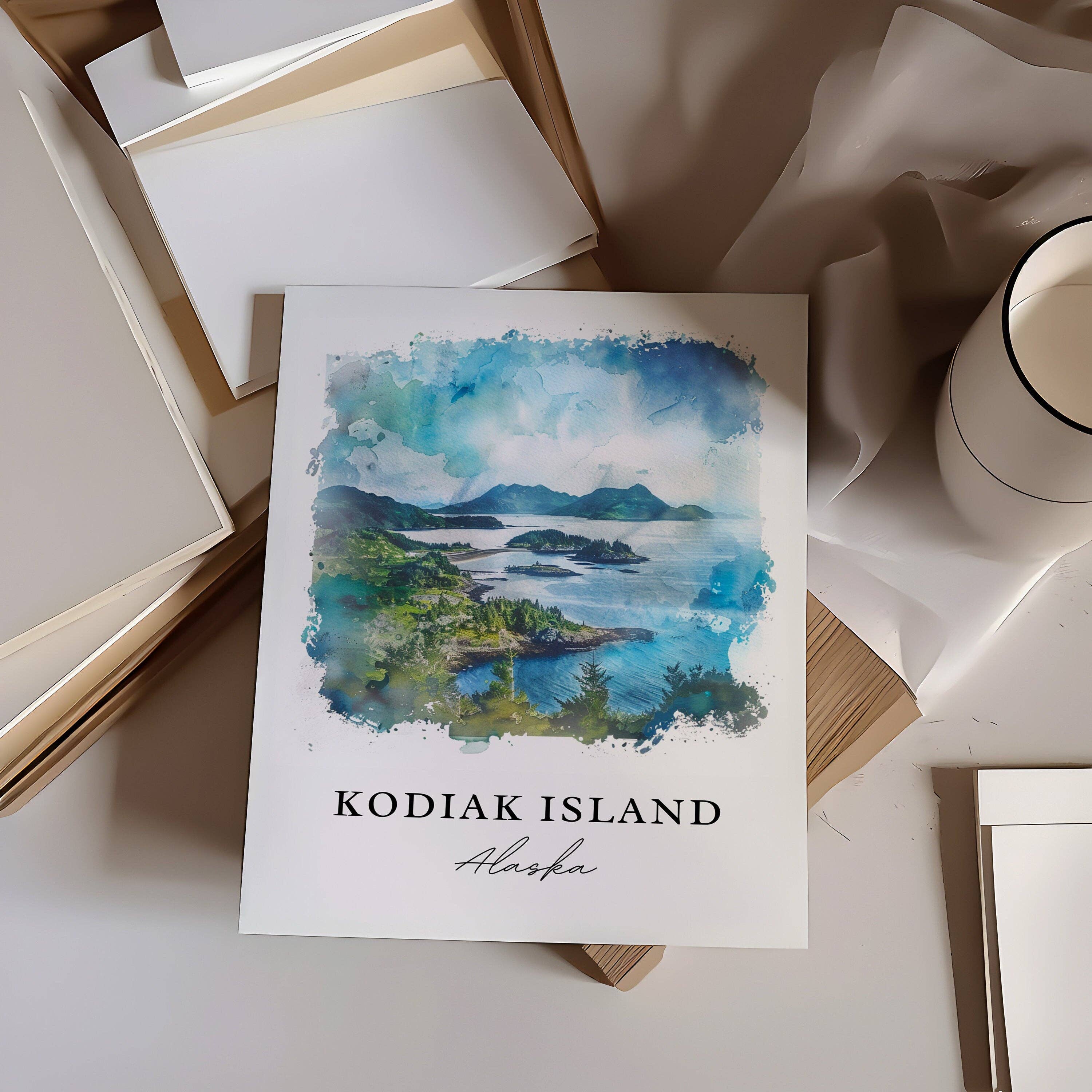 Premium Travel Art - Wholesale Art Print - Kodiak Island Wall Art, Kodiak Alaska Print, Kodiak Island Watercolor, Kodiak Alaska Gift,1