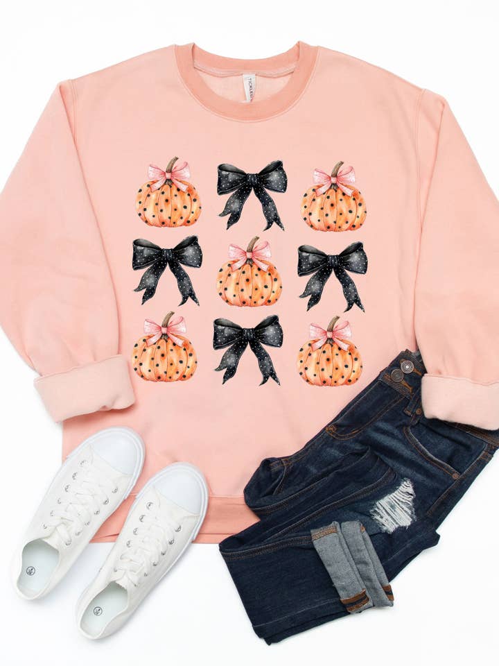 Polka Dot Coquette Bows & Pumpkins Graphic Sweatshirt for wholesale by Tickled Teal