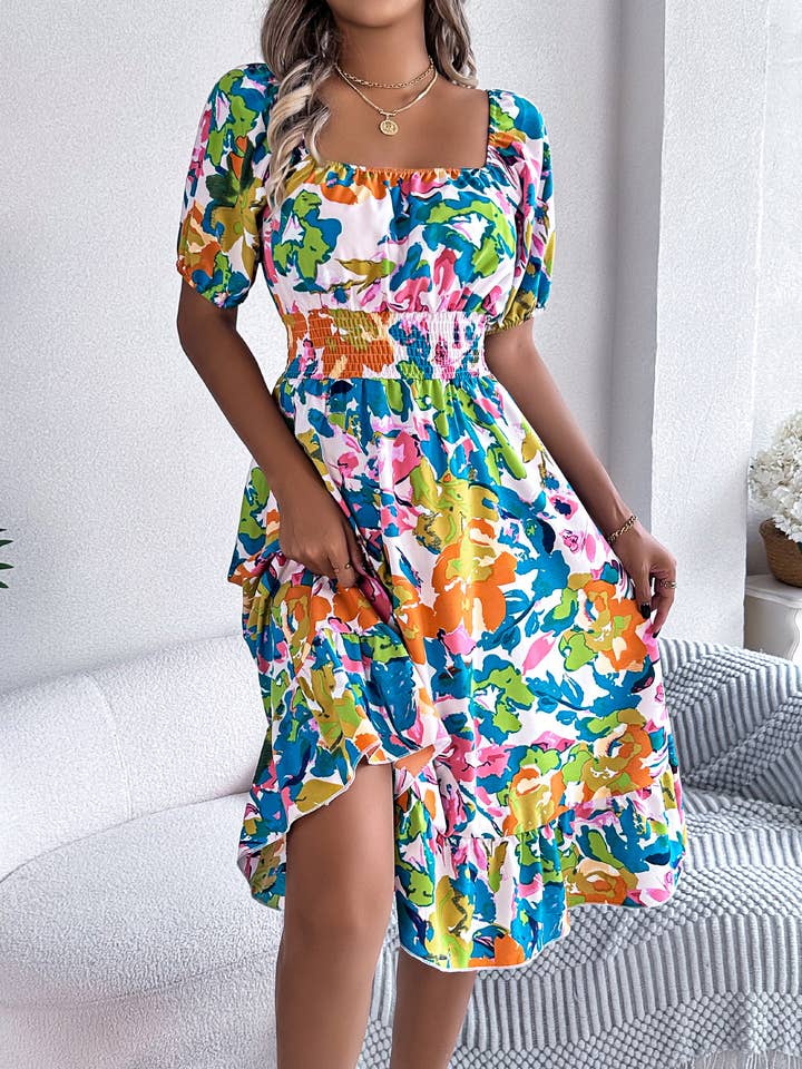 Floral Square-Neck Smocked-Waist Midi Dress for wholesale by Anna Kaci Wholesale