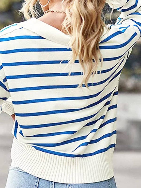 Plush Looks - Venta al por mayor Jersey de punto - Mujer - Suéteres holgados de manga larga con solapa a rayas y juntas divididas3