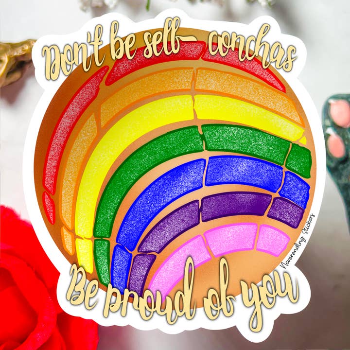 Pegatinas Neverending Concha arcoíris, pegatina de vinilo o imán, «Don't Be Self Conchas, Be Proud Of You», mes del orgullo, 3.5 x 3.2 pulgadas para venta al por mayor de Neverending Stickers